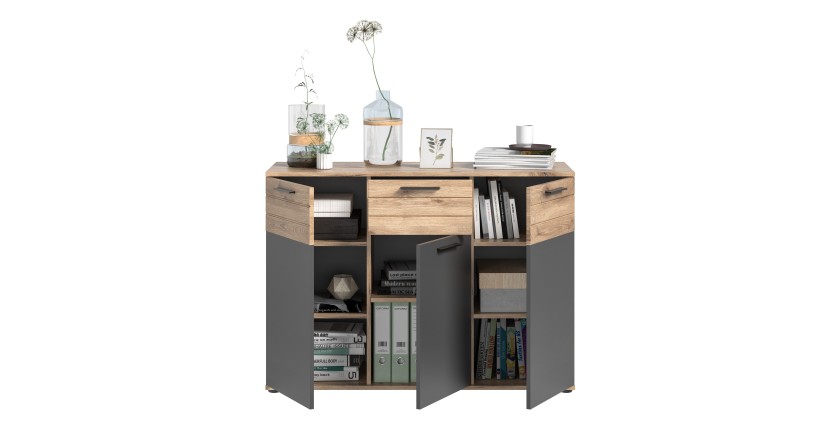 Buffet 3 portes et 1 tiroir – Gris anthracite et chêne clair – SELMA 