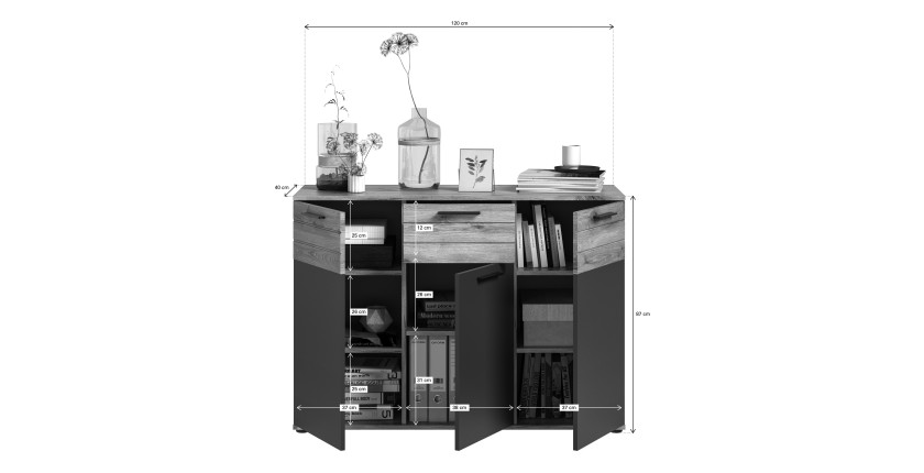 Buffet 3 portes et 1 tiroir – Gris anthracite et chêne clair – SELMA 
