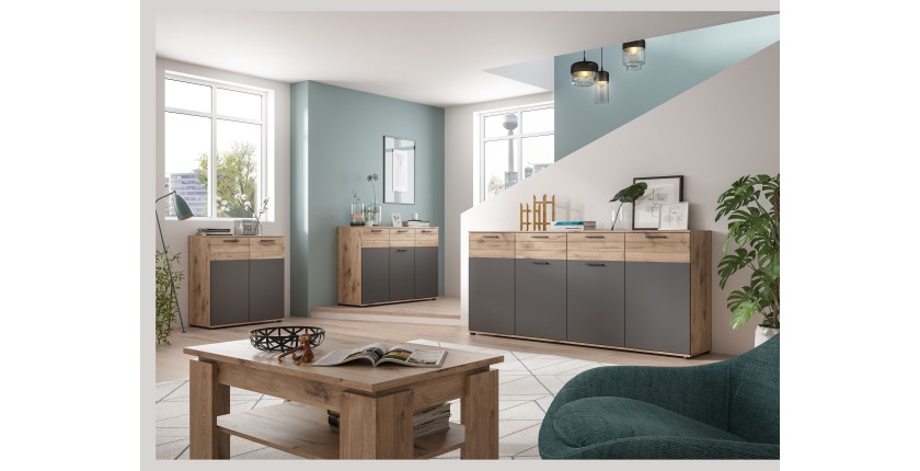 Buffet 3 portes et 1 tiroir – Gris anthracite et chêne clair – SELMA 