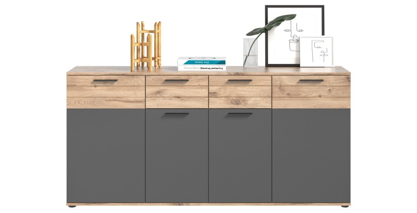 Buffet 4 portes 4 tiroirs – Gris anthracite et chêne clair – SELMA 
