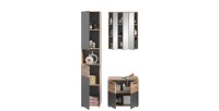 Ensemble de salle de bain : Meuble sous vasque + colonne + armoire de rangement avec miroirs – Gris anthracite et chêne clair – 