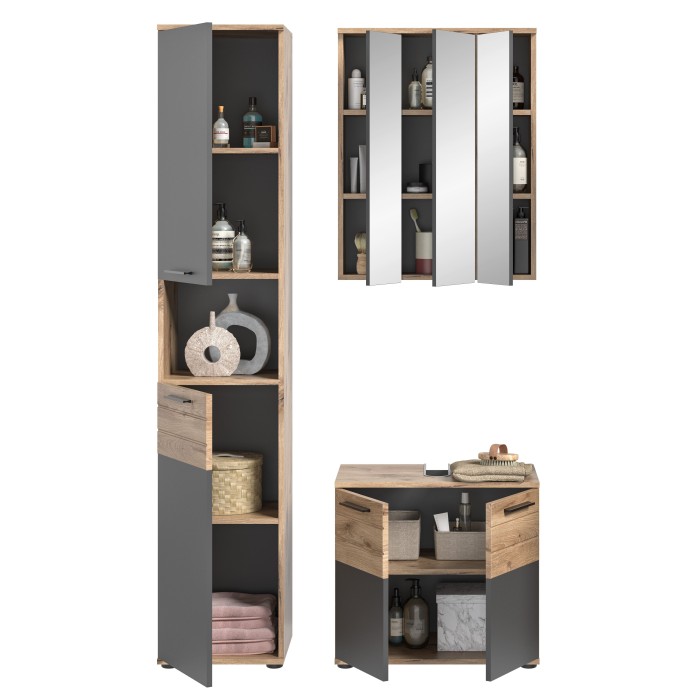Ensemble de salle de bain : Meuble sous vasque + colonne + armoire de rangement avec miroirs – Gris anthracite et chêne clair – 