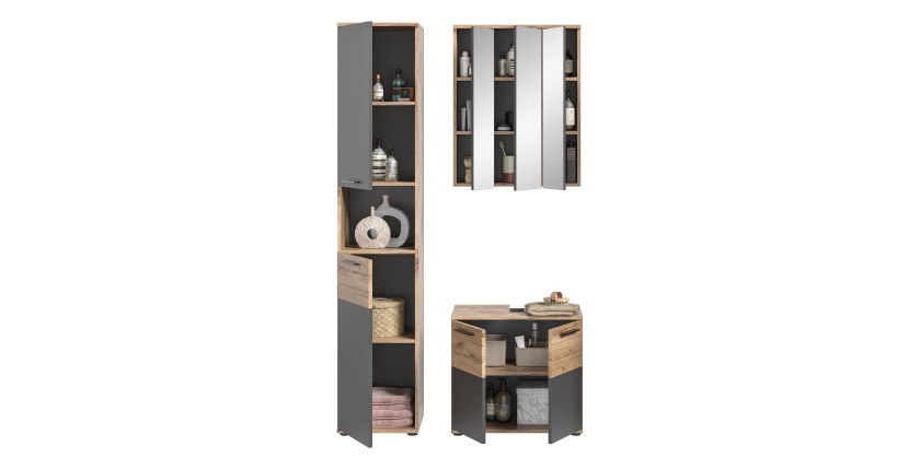 Ensemble de salle de bain : Meuble sous vasque + colonne + armoire de rangement avec miroirs – Gris anthracite et chêne clair – 