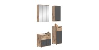 Ensemble de salle de bain : meuble sous vasque + 2 demi colonnes + armoire de rangement avec miroirs – Gris anthracite et chêne 