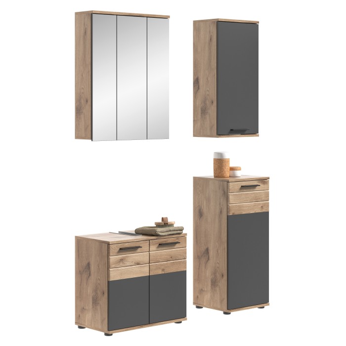 Ensemble de salle de bain : meuble sous vasque + 2 demi colonnes + armoire de rangement avec miroirs – Gris anthracite et chêne 