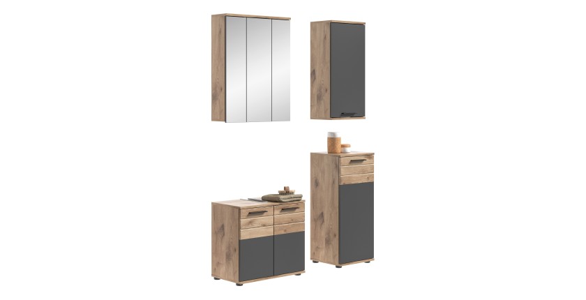 Ensemble de salle de bain : meuble sous vasque + 2 demi colonnes + armoire de rangement avec miroirs – Gris anthracite et chêne 