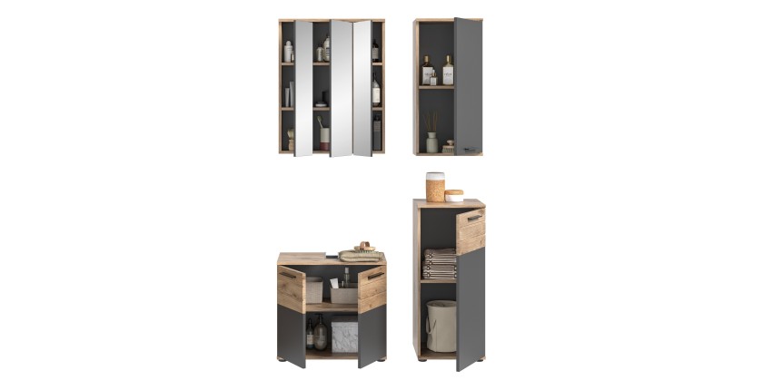 Ensemble de salle de bain : meuble sous vasque + 2 demi colonnes + armoire de rangement avec miroirs – Gris anthracite et chêne 