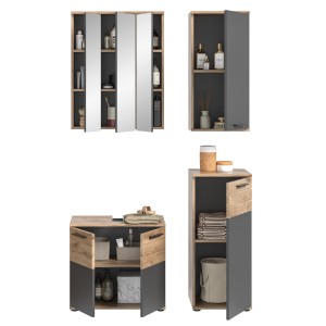 Ensemble de salle de bain : meuble sous vasque + 2 demi colonnes + armoire de rangement avec miroirs – Gris anthracite et chêne 