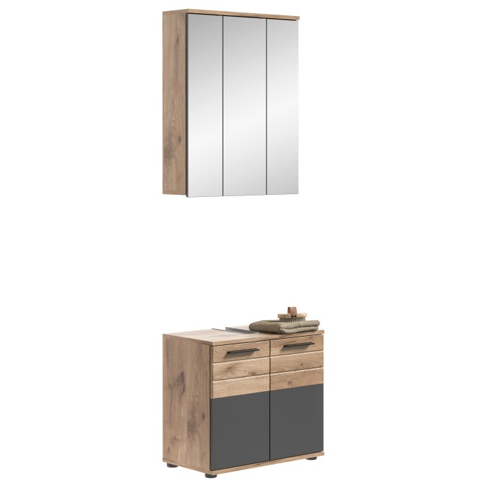 Ensemble de salle de bain : meuble sous vasque + armoire de rangement avec miroirs – Gris anthracite et chêne clair – SELMA 