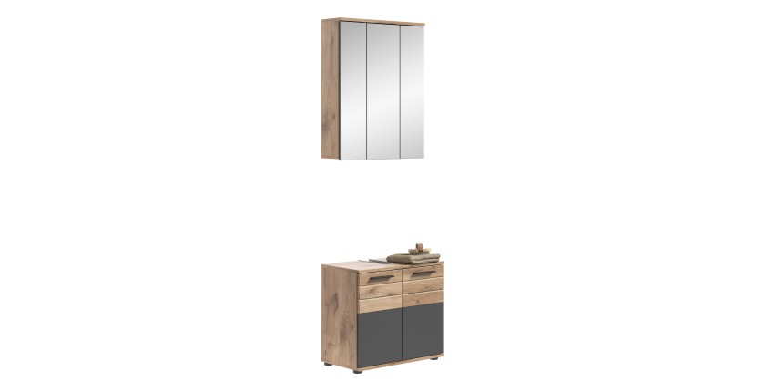 Ensemble de salle de bain : meuble sous vasque + armoire de rangement avec miroirs – Gris anthracite et chêne clair – SELMA 