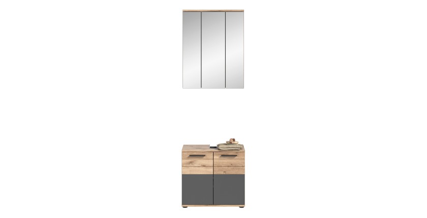 Ensemble de salle de bain : meuble sous vasque + armoire de rangement avec miroirs – Gris anthracite et chêne clair – SELMA 