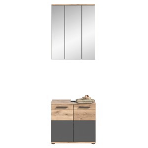 Ensemble de salle de bain : meuble sous vasque + armoire de rangement avec miroirs – Gris anthracite et chêne clair – SELMA 