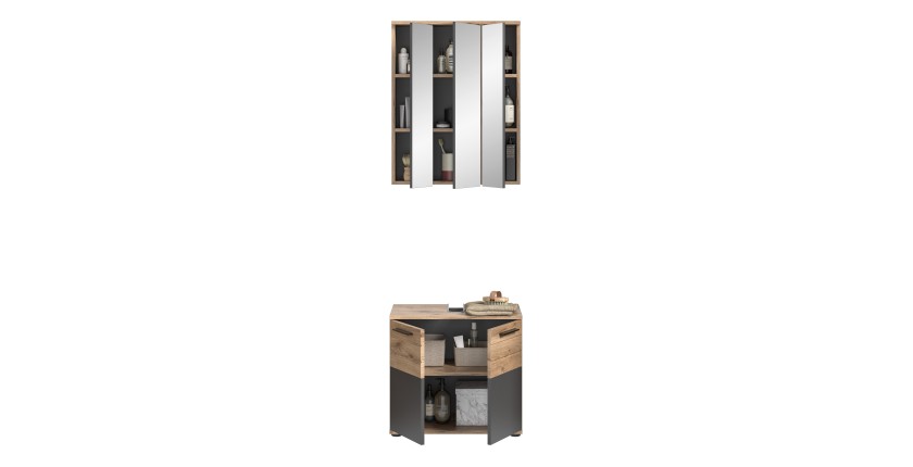 Ensemble de salle de bain : meuble sous vasque + armoire de rangement avec miroirs – Gris anthracite et chêne clair – SELMA 