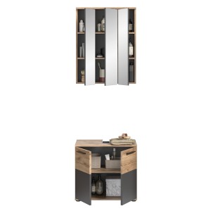 Ensemble de salle de bain : meuble sous vasque + armoire de rangement avec miroirs – Gris anthracite et chêne clair – SELMA 