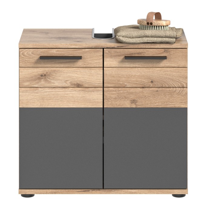 Ensemble de salle de bain : meuble sous vasque + armoire de rangement avec miroirs – Gris anthracite et chêne clair – SELMA 