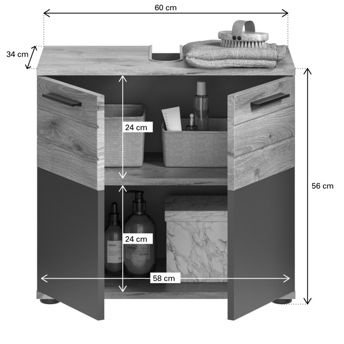 Ensemble de salle de bain : meuble sous vasque + armoire de rangement avec miroirs – Gris anthracite et chêne clair – SELMA 