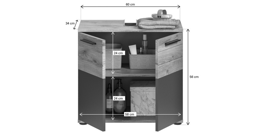 Ensemble de salle de bain : meuble sous vasque + armoire de rangement avec miroirs – Gris anthracite et chêne clair – SELMA 