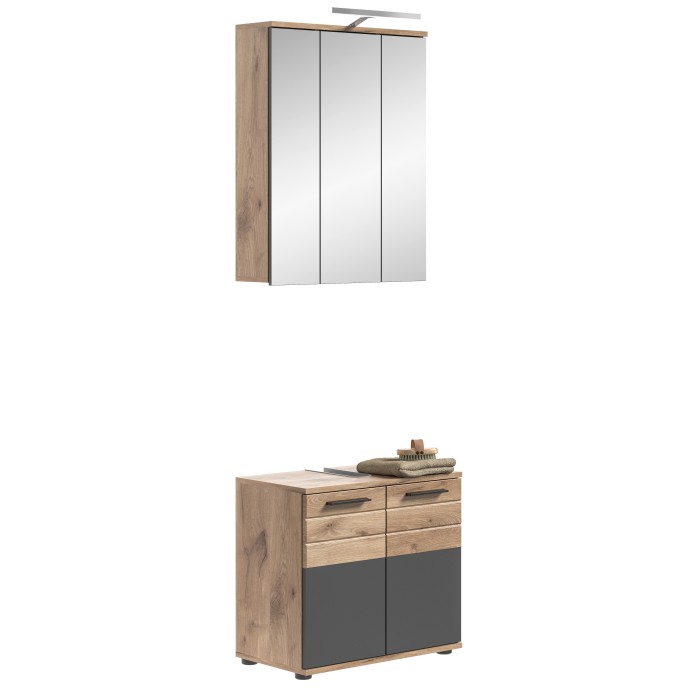 Ensemble de salle de bain : meuble sous vasque + armoire de rangement avec miroirs et LED – Gris anthracite et chêne clair – SEL