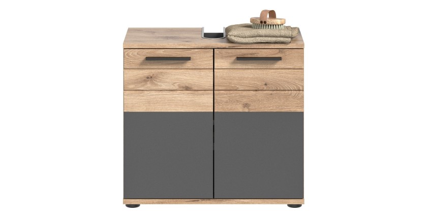 Ensemble de salle de bain : meuble sous vasque + armoire de rangement avec miroirs et LED – Gris anthracite et chêne clair – SEL
