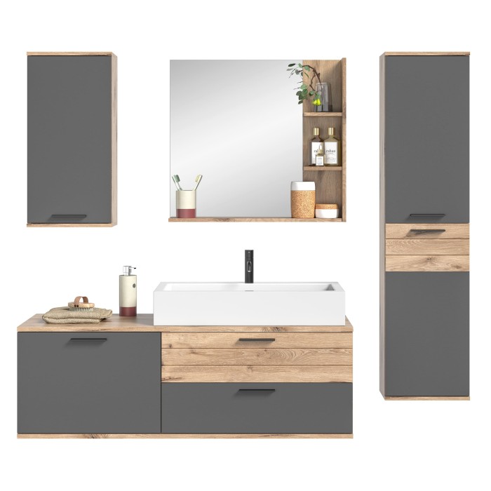 Ensemble de salle de bain : meuble sous vasque + colonne de rangement + demi colonne + miroir – Gris anthracite et chêne clair –