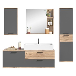 Ensemble de salle de bain : meuble sous vasque + colonne de rangement + demi colonne + miroir – Gris anthracite et chêne clair –