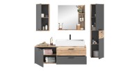 Ensemble de salle de bain : meuble sous vasque + colonne de rangement + demi colonne + miroir – Gris anthracite et chêne clair –
