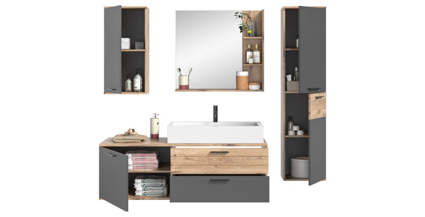 Ensemble de salle de bain : meuble sous vasque + colonne de rangement + demi colonne + miroir – Gris anthracite et chêne clair –