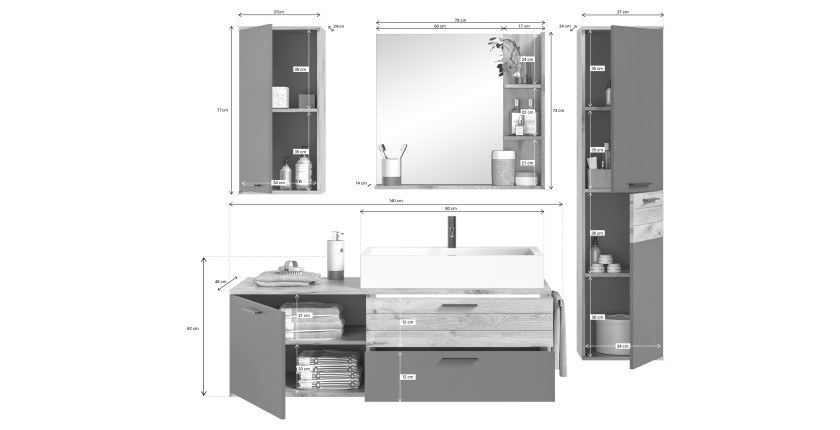 Ensemble de salle de bain : meuble sous vasque + colonne de rangement + demi colonne + miroir – Gris anthracite et chêne clair –