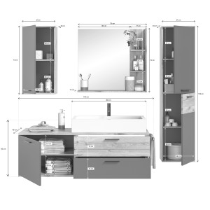 Ensemble de salle de bain : meuble sous vasque + colonne de rangement + demi colonne + miroir – Gris anthracite et chêne clair –