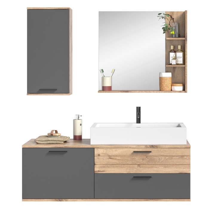 Ensemble de salle de bain : meuble sous vasque + demi colonne + miroir – Gris anthracite et chêne clair – SELMA 
