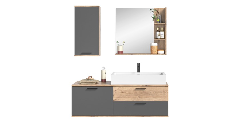 Ensemble de salle de bain : meuble sous vasque + demi colonne + miroir – Gris anthracite et chêne clair – SELMA 