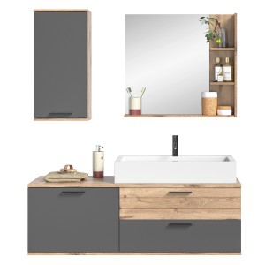 Ensemble de salle de bain : meuble sous vasque + demi colonne + miroir – Gris anthracite et chêne clair – SELMA 