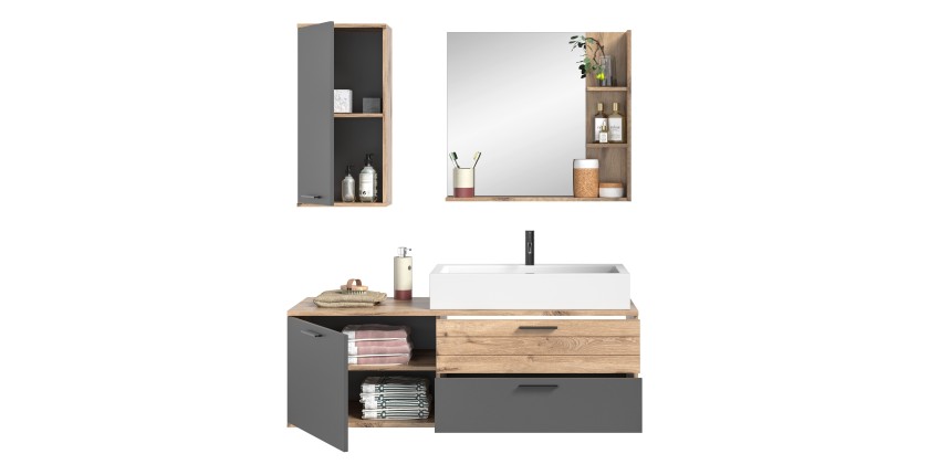 Ensemble de salle de bain : meuble sous vasque + demi colonne + miroir – Gris anthracite et chêne clair – SELMA 