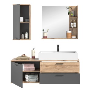 Ensemble de salle de bain : meuble sous vasque + demi colonne + miroir – Gris anthracite et chêne clair – SELMA 