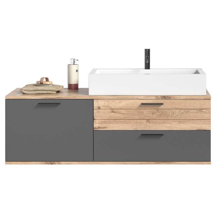 Ensemble de salle de bain : meuble sous vasque + demi colonne + miroir – Gris anthracite et chêne clair – SELMA 
