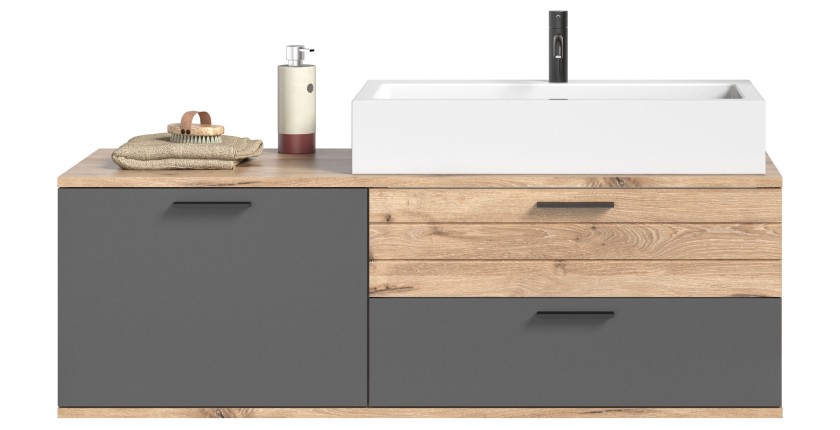 Ensemble de salle de bain : meuble sous vasque + demi colonne + miroir – Gris anthracite et chêne clair – SELMA 