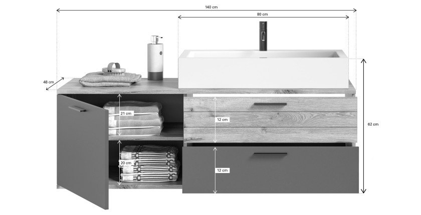Ensemble de salle de bain : meuble sous vasque + demi colonne + miroir – Gris anthracite et chêne clair – SELMA 