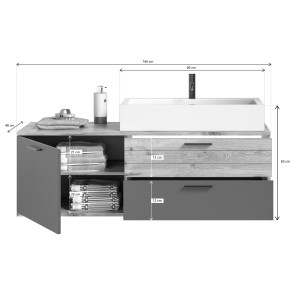 Ensemble de salle de bain : meuble sous vasque + demi colonne + miroir – Gris anthracite et chêne clair – SELMA 