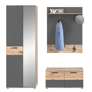 Ensemble de meuble d'entrée : armoire avec miroir + meuble à chaussures + miroir – Gris anthracite et chêne clair – SELMA 