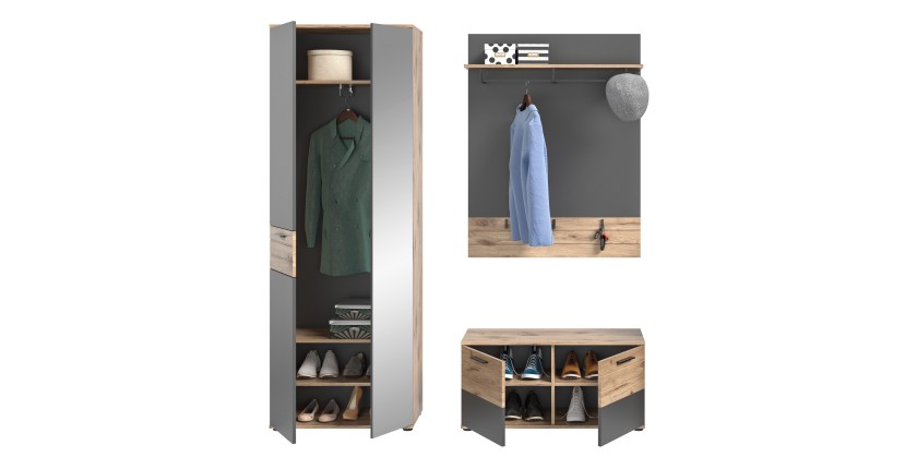 Ensemble de meuble d'entrée : armoire avec miroir + meuble à chaussures + miroir – Gris anthracite et chêne clair – SELMA 