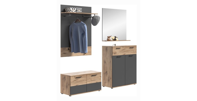 Ensemble de meuble d'entrée : meuble à chaussures + buffet + miroir + porte manteau – Gris anthracite et chêne clair – SELMA 