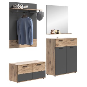 Ensemble de meuble d'entrée : meuble à chaussures + buffet + miroir + porte manteau – Gris anthracite et chêne clair – SELMA 