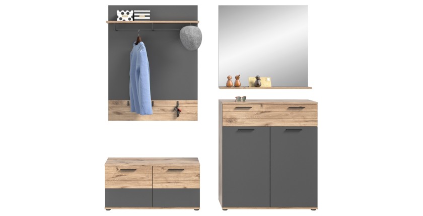 Ensemble de meuble d'entrée : meuble à chaussures + buffet + miroir + porte manteau – Gris anthracite et chêne clair – SELMA 