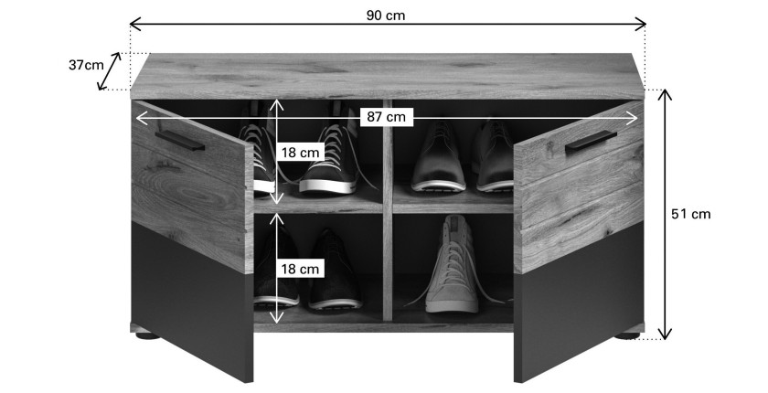 Ensemble de meuble d'entrée : meuble à chaussures + buffet + miroir + porte manteau – Gris anthracite et chêne clair – SELMA 