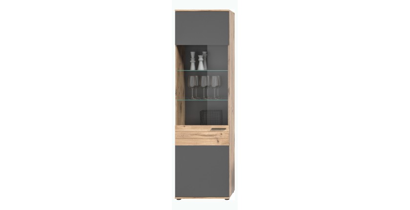 Vitrine avec porte vitrée – Gris anthracite et chêne clair – SELMA 