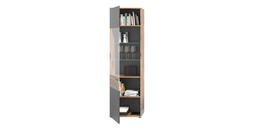 Vitrine avec porte vitrée – Gris anthracite et chêne clair – SELMA 