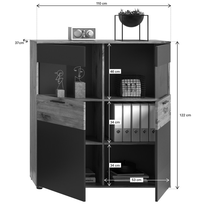 Buffet haut 2 portes vitrée – Gris anthracite et chêne clair – SELMA 