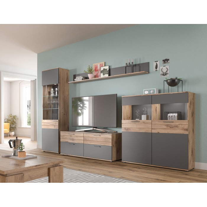 Meuble TV 4 tiroirs – Gris anthracite et chêne clair – SELMA 