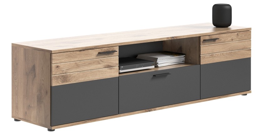 Meuble TV 2 portes et 1 tiroir – Gris anthracite et chêne clair – SELMA 