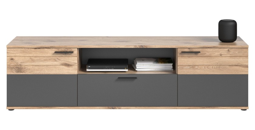 Meuble TV 2 portes et 1 tiroir – Gris anthracite et chêne clair – SELMA 